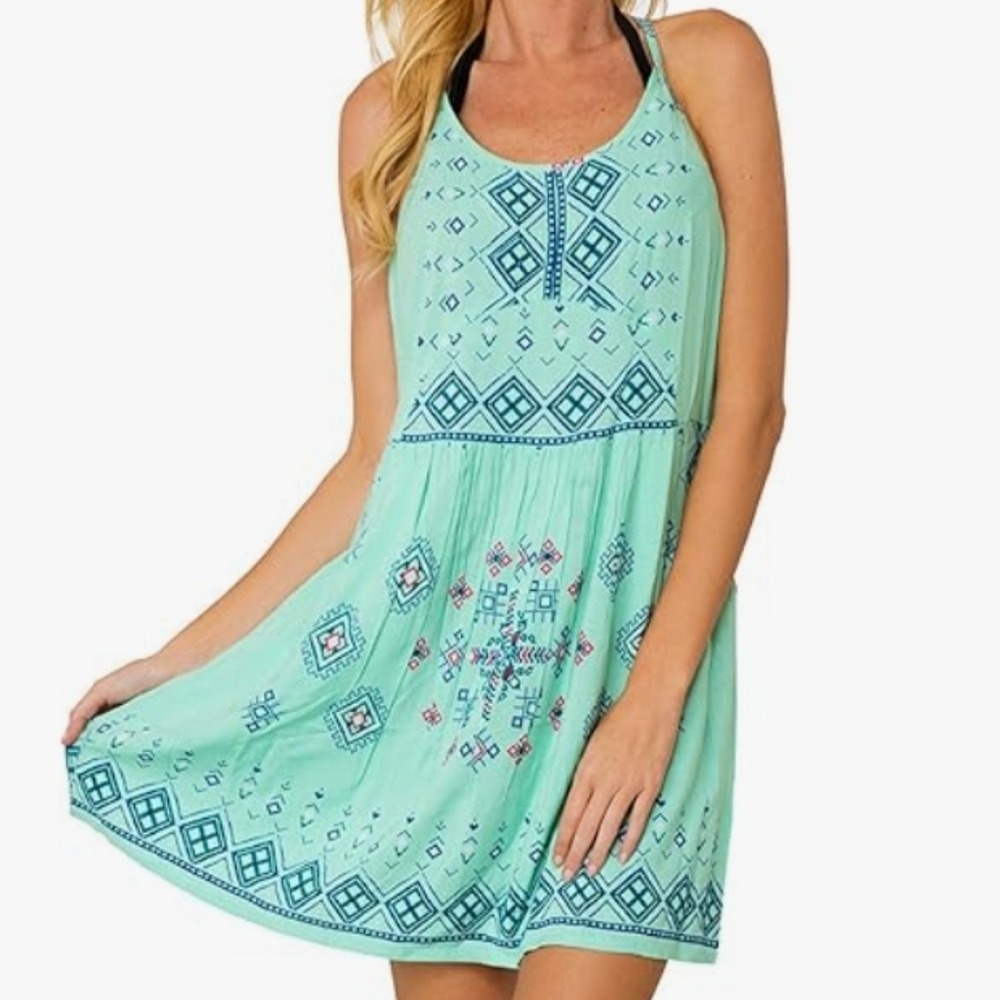Women's Smocked back Dress Aztec Print Beach Cover up Dress